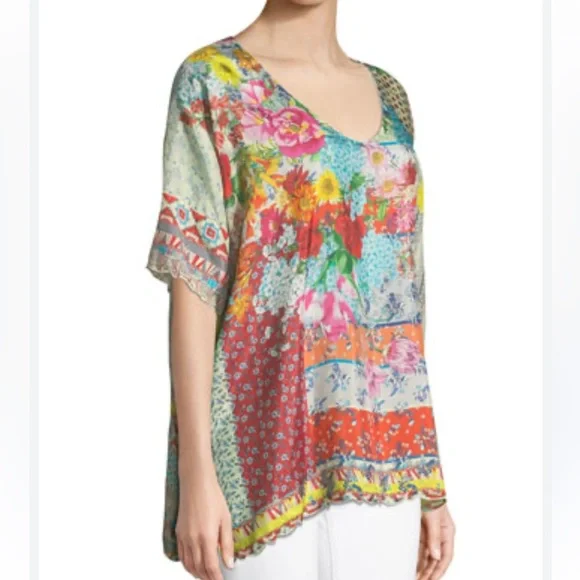 Johnny Was Silk Floral Luana Short Sleeve Tunic Blouse Top - Picture 1 of 16
